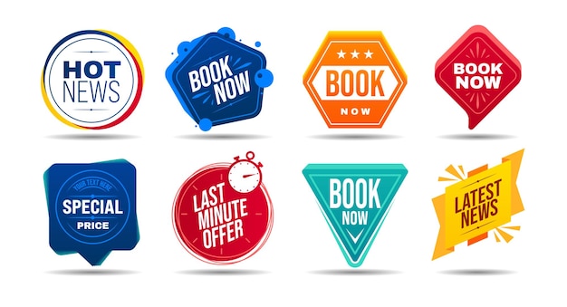 Free vector various badges set for hot news special price last offer book now isolated on white background realistic vector illustration