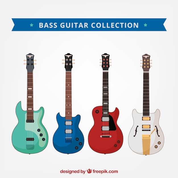 Various bass guitars with different colors and designs