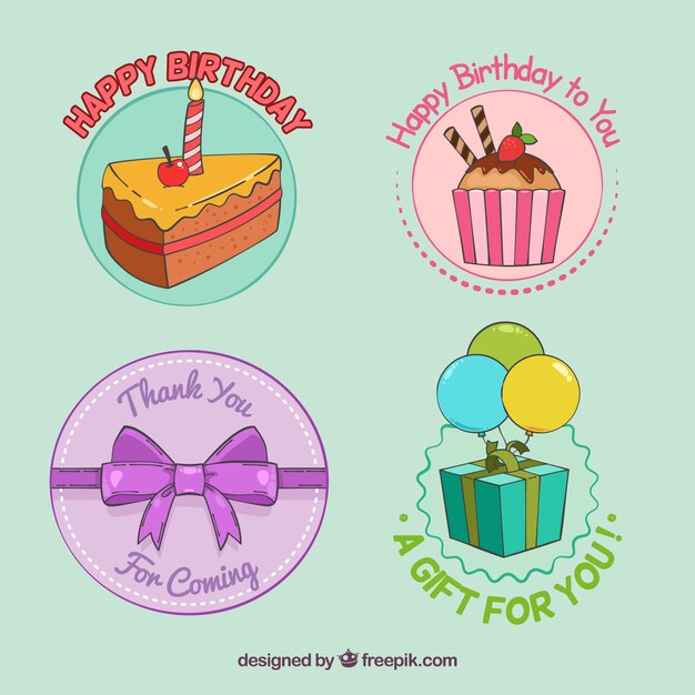 Various birthday stickers hand-drawn in vintage style