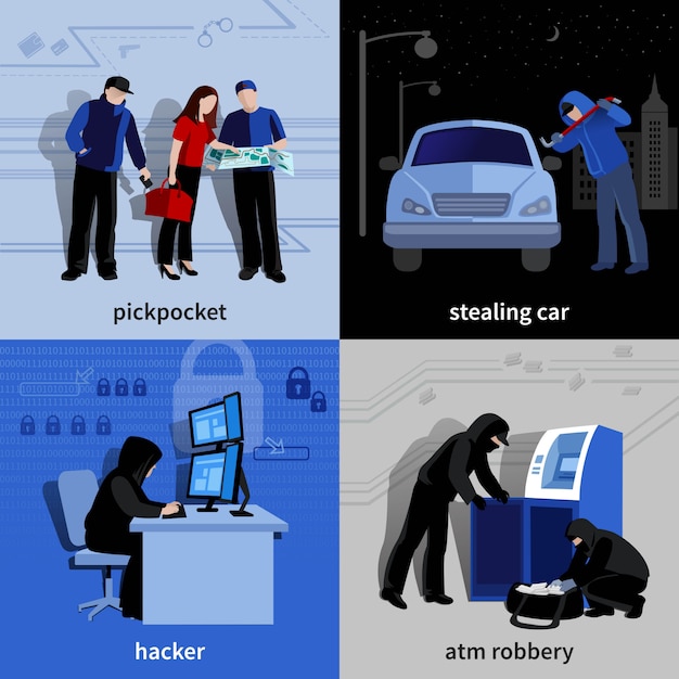 Бесплатное векторное изображение Различные грабители и преступники совершают преступления плоские изолированные элементы и символы набор векторных иллюстраций