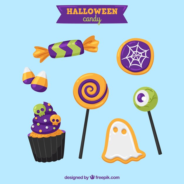 Various candies and halloween lollipops