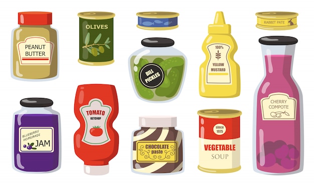 Free vector various canned goods from supermarket flat set