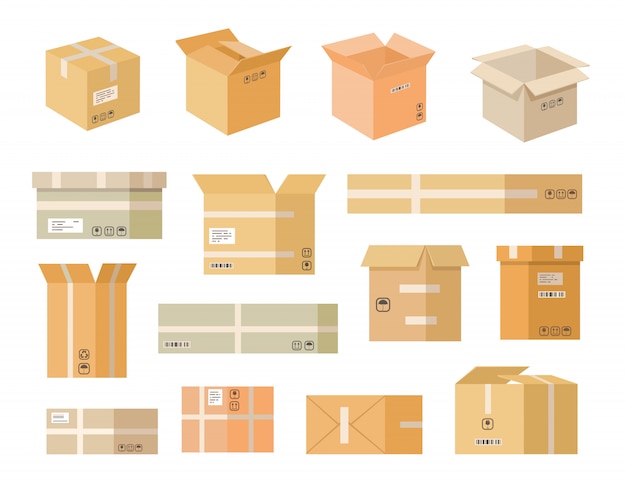 Various cardboard boxes flat icon set