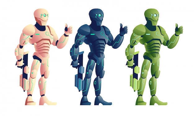 Various color, future cyborg warriors, soldiers in futuristic armor, alien army robot