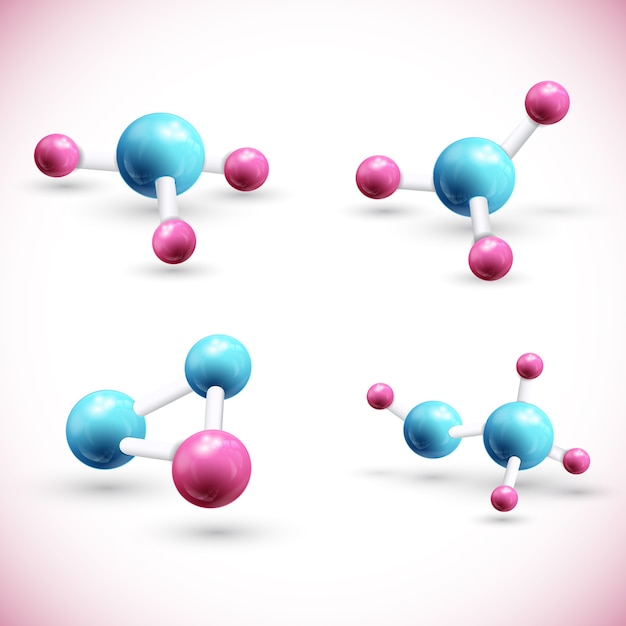 Various colorful atom chains set isolated with shadows and pink corners 3d