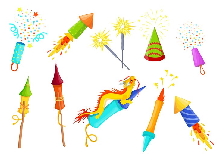 Free Vector various colorful firecrackers flat item set