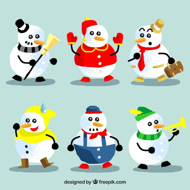 Free vector various colorful snowmen