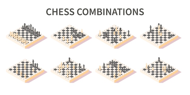 Various combinations of pieces on chess board isometric 3d set on white isolated illustration