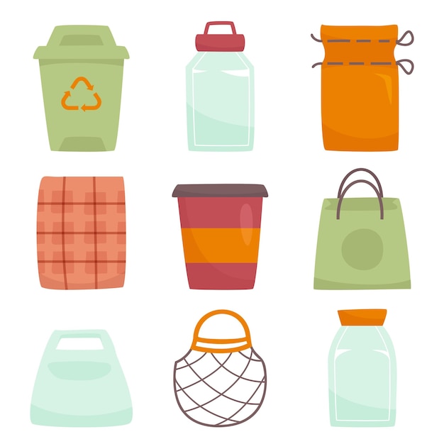 Various containers for various types of items such as personal items food garbage vector cartoon flat illustration