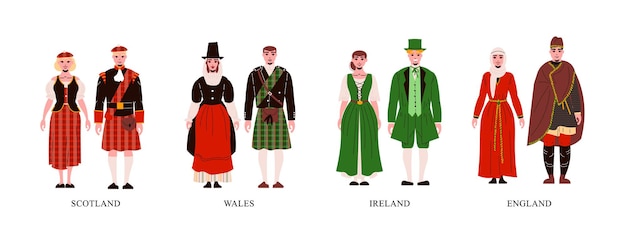 Various couples wearing traditional clothes illustration