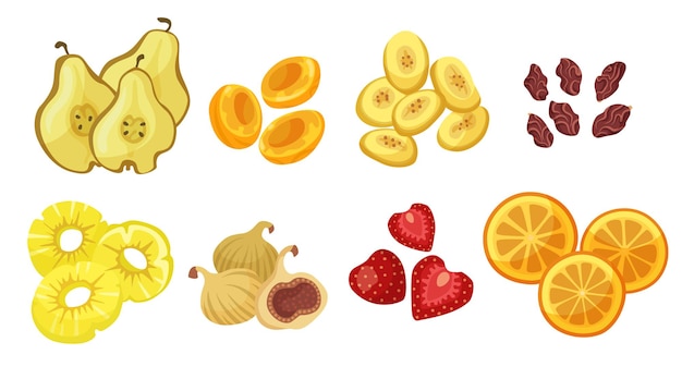 Набор иллюстраций к различным сухофруктам. Сушеный инжир, абрикос, груша, ананас, яблоко, апельсин, клубника, изюм и чернослив, изолированные на белом фоне. Тропические фрукты, концепция питания