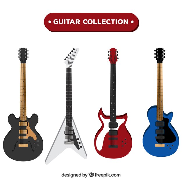 Various electric guitars in flat design