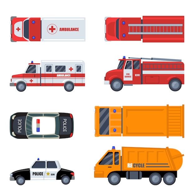 Various emergency vehicles flat icon set