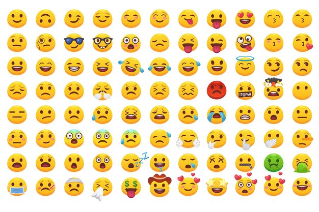 笑顔の顔文字文字セット 怒りと激怒のかわいい黄色い顔の表情 図 プレミアムベクター