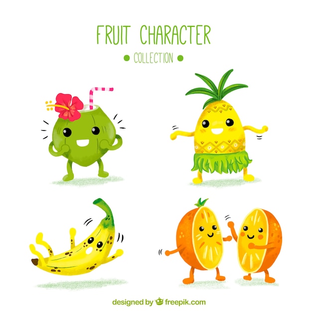 Various fruit characters in watercolor style