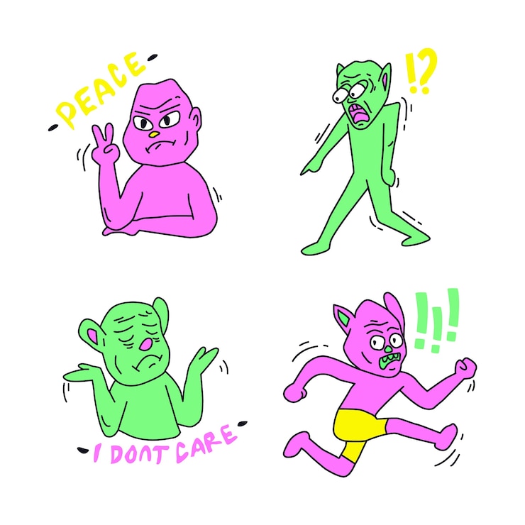Free Vector various funny characters stickers with acid colours