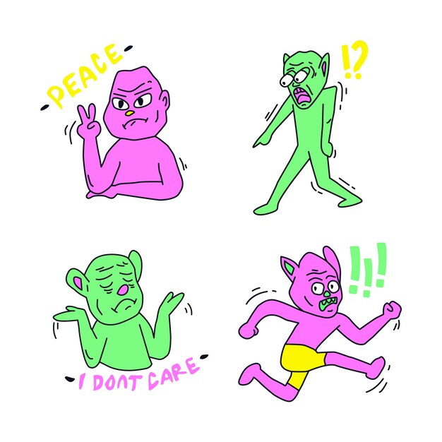 Various funny characters stickers with acid colours