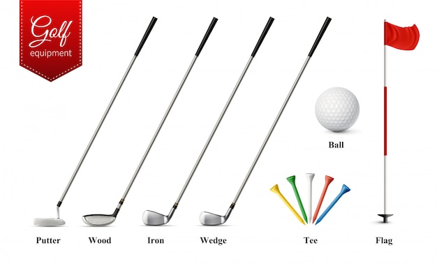 Free vector various golf equipment set with different types of clubs tee ball and flag realistic  isolated vector illustration