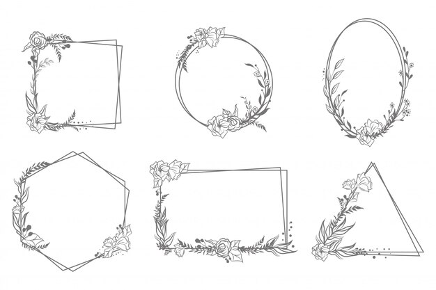 Various hand drawn floral geometric frames set