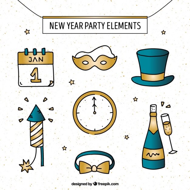 Free Vector various hand drawn golden new year elements