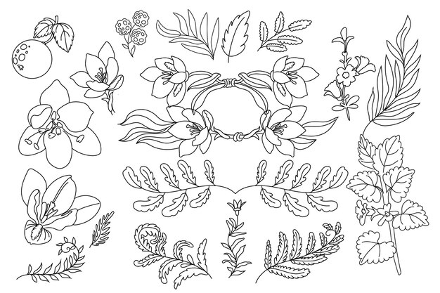 さまざまな手描きの線画花のイラスト