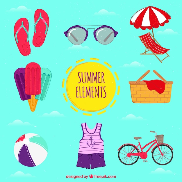 Various hand-drawn summer items