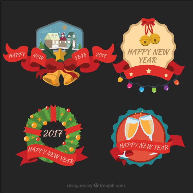 Различные счастливые новые наклейки год с изящными красными лентами