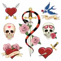 Free vector various heart  skull and dagger