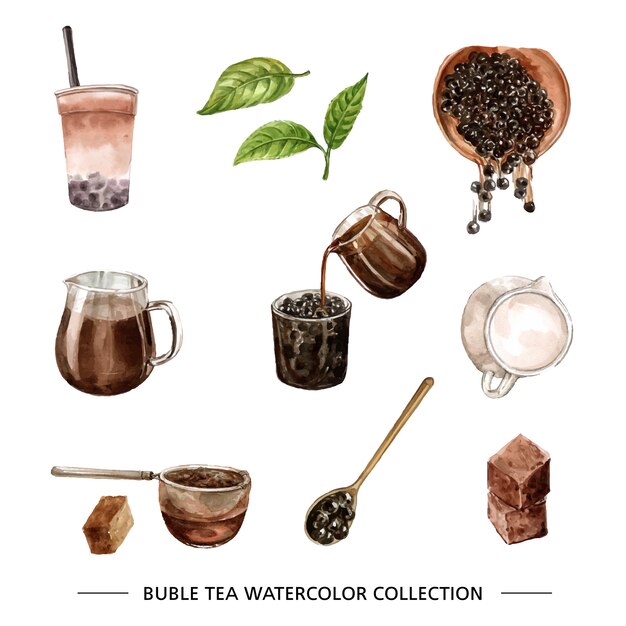 Various isolated watercolor bubble tea