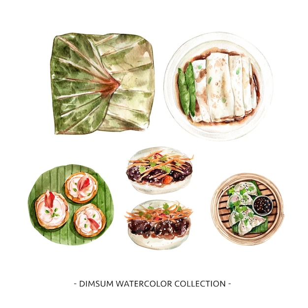Free vector various isolated watercolor dim sum illustration for decorative use.