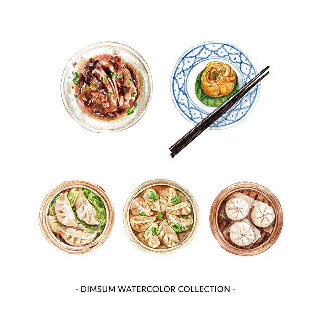 Various isolated watercolor dim sum illustration  for decorative use.