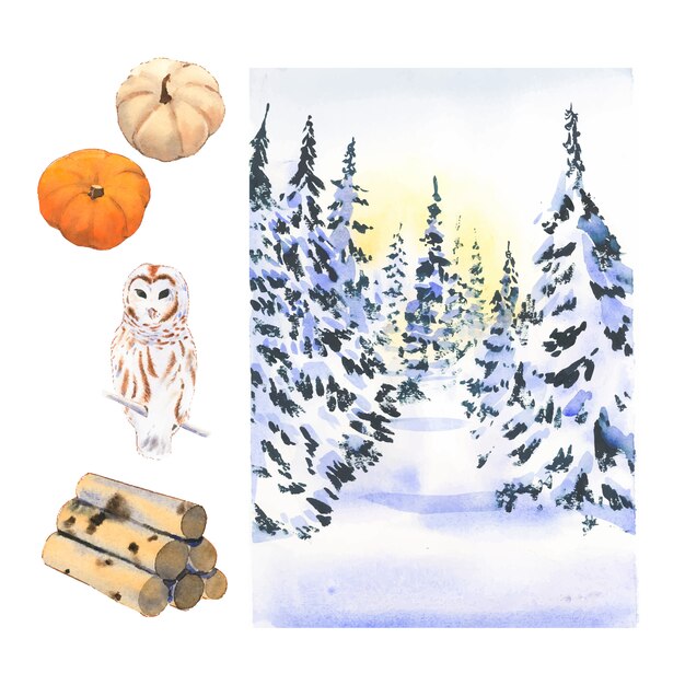 Various isolated watercolor winter home collection illustration .