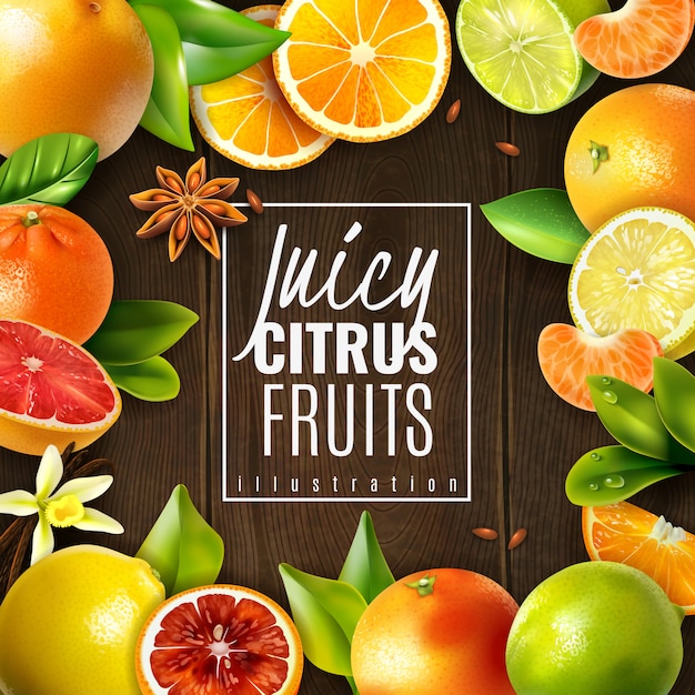 Various juicy citrus fruits and condiments on wooden