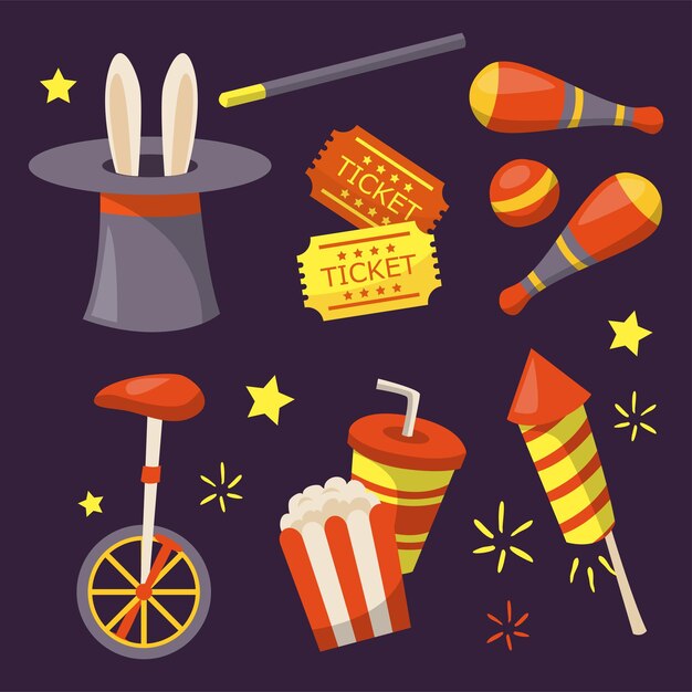 Various kinds of circus equipment such as top hat rabbit wand magic ticket ball monocycle popcorn soft drink fireworks Circus show with gymnast magician lion host entertainer and clown