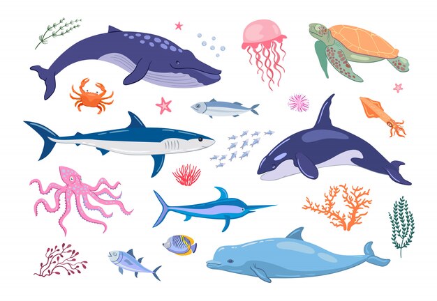 Различные морские животные плоский значок набор