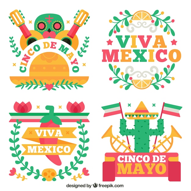 Free vector various mexico party stickers in flat design