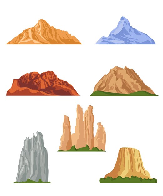 Various mountains flat pictures collection. Cartoon rocky hills, rocks and mountain tops isolated  illustrations. Landscape design elements and terrain concept