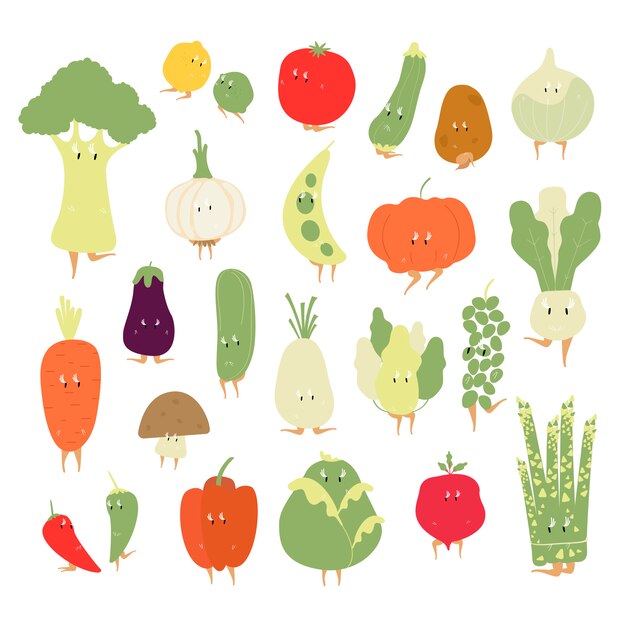 Various organic vegetable cartoon characters vector set