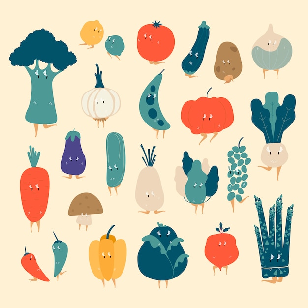 Free vector various organic vegetable cartoon characters vector set