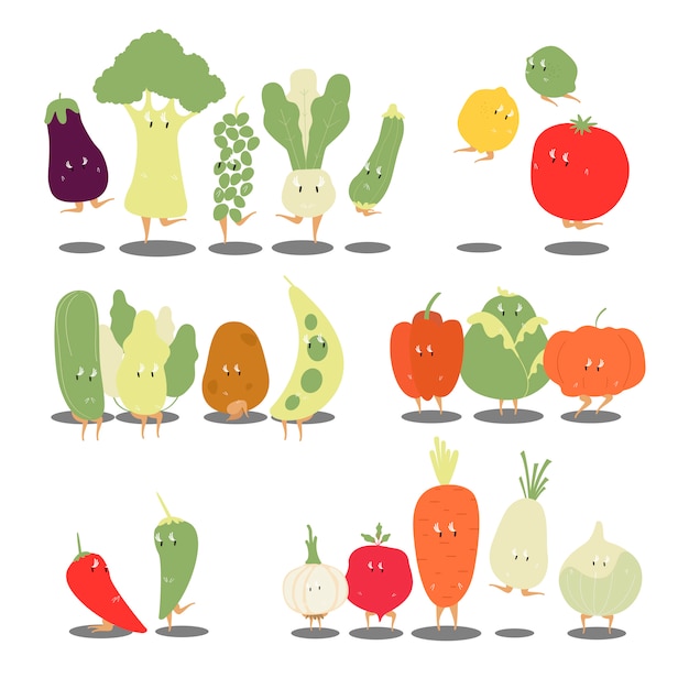 Insieme di vettore di vari personaggi dei cartoni animati di verdure organiche