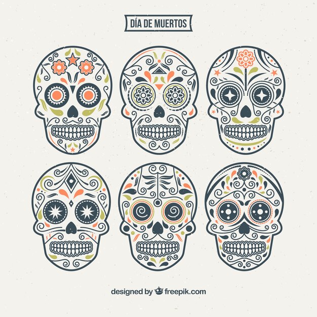 Free vector various ornamental hand-drawn skulls