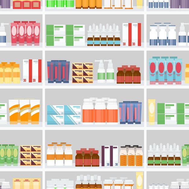 Различные таблетки и лекарства для продажи на полках аптек. Разработан в бесшовном сером фоне.
