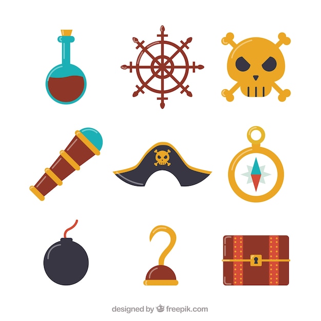 Free vector various pirate objects in flat design