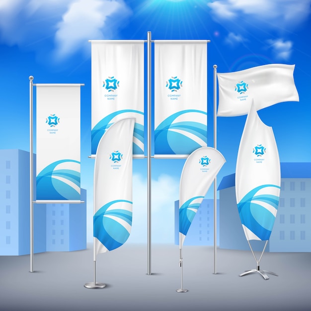 Бесплатное векторное изображение Различные баннеры флагов полюса с синей эмблемой для объявления о событии