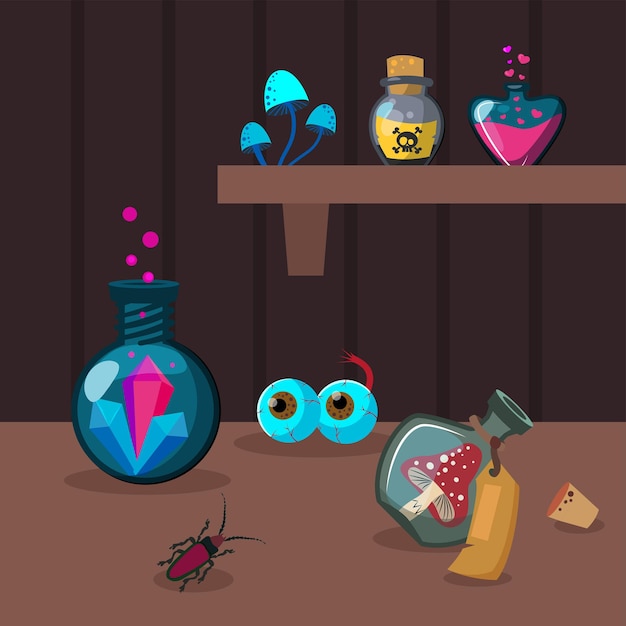 Various potion ingredients on brown wooden table