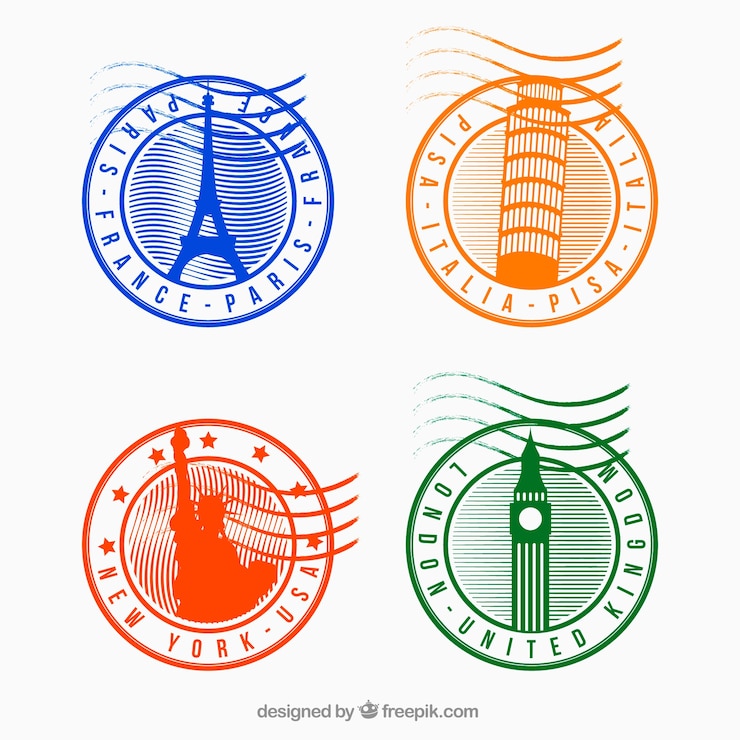 Free Vector various round city stamps with different colors