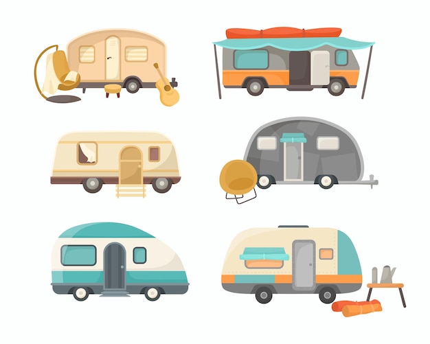 Insieme dell'illustrazione del fumetto di vari rimorchi per camper o casa. furgoni vintage, casa mobile o camion da campeggio per viaggi, avventure, viaggi in vacanza estiva in famiglia. campeggio, campeggio, concetto di trasporto