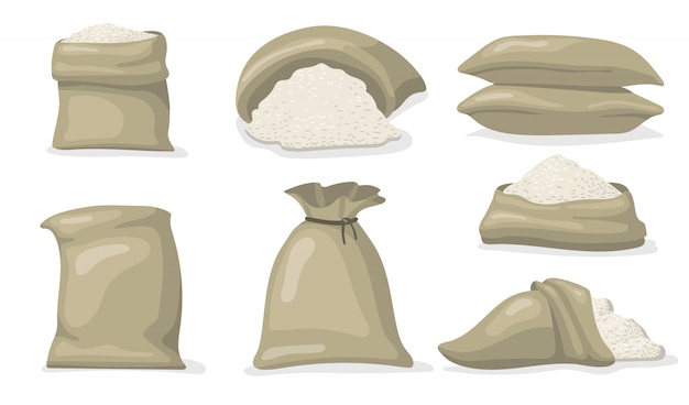 Free vector various sacks of white rice flat set