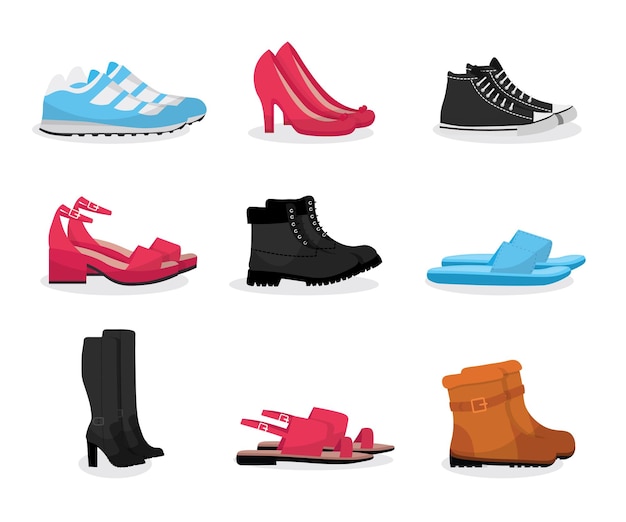 さまざまな靴のイラストセット靴販売ビジネスファッション業界の衣料品店は、季節のスポーティーでエレガントなアパレルスニーカー、半靴、サンダル、ビーチサンダル、ブーツを紹介しています