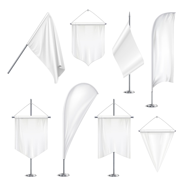 Free Vector various sizes shapes pennants banners flags  white blank hanging and on pole stands realistic set  illustration